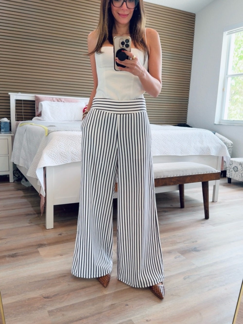 Commense Black & White Vertical Stripe Wide-Leg Pants